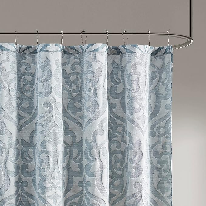 Madison Park Odette Fabric Shower Curtain Luxe Textured Jacquard, Damask Medallion Machine Washable Modern Home Bathroom Decor, Bathtub Privacy Screen, 72" x 72", Aqua/Silver