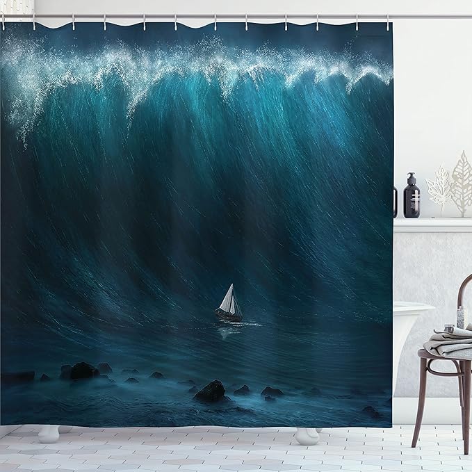 Ambesonne Ocean Shower Curtain, A Small Boat Being Captured by a Large Wave with Seastorm and Tsunami Marine Aquatic Theme of Artwork, Cloth Fabric Bathroom Set with Hooks, 69" W x 75" L, Blue White