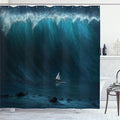 Ambesonne Ocean Shower Curtain, A Small Boat Being Captured by a Large Wave with Seastorm and Tsunami Marine Aquatic Theme of Artwork, Cloth Fabric Bathroom Set with Hooks, 69" W x 75" L, Blue White