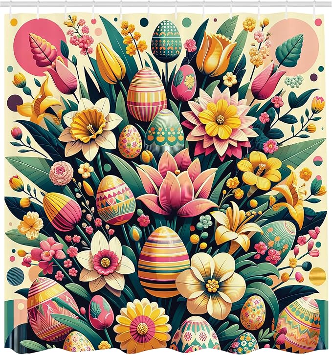Ambesonne Spring Shower Curtain, Vintage Whimsical Ethnic Eggs Eastern and Flowers on Creamy Background, Cloth Fabric Bathroom Decor Set with Hooks, 69" W x 70" L, Jade Green Cream Pink