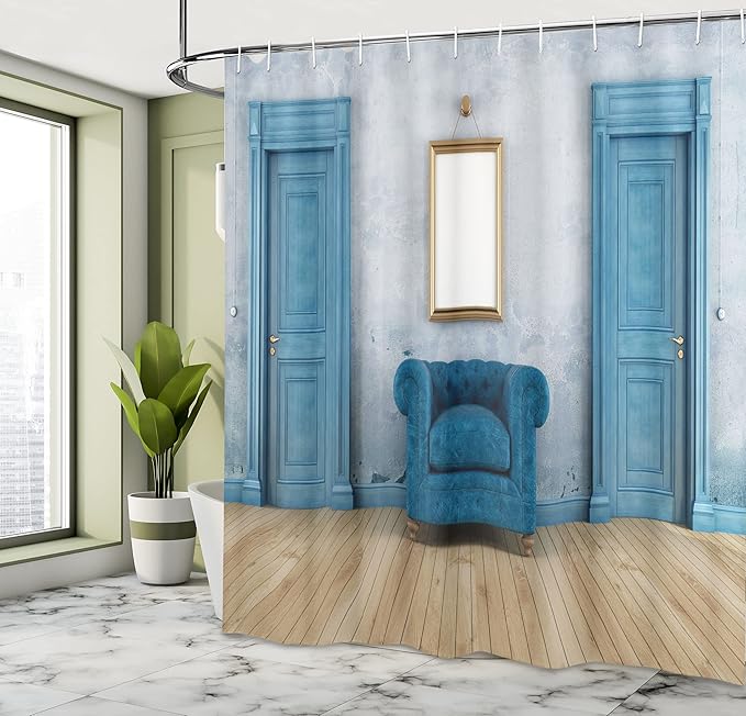Ambesonne Antique Shower Curtain, Empty Space 2 Doors Armchair and Simple Mirror Golden Yellow Frame, Cloth Fabric Bathroom Decor Set with Hooks, 69" W x 84" L, Blue Sand Brown