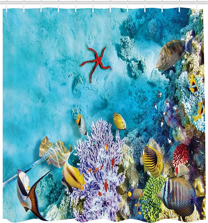 Ambesonne Ocean Shower Curtain, Corals Fishes Jellyfish Scatefish Starfish in Shallow Underwater, Cloth Fabric Bathroom Decor Set with Hooks, 69" W x 70" L, Sea Blue