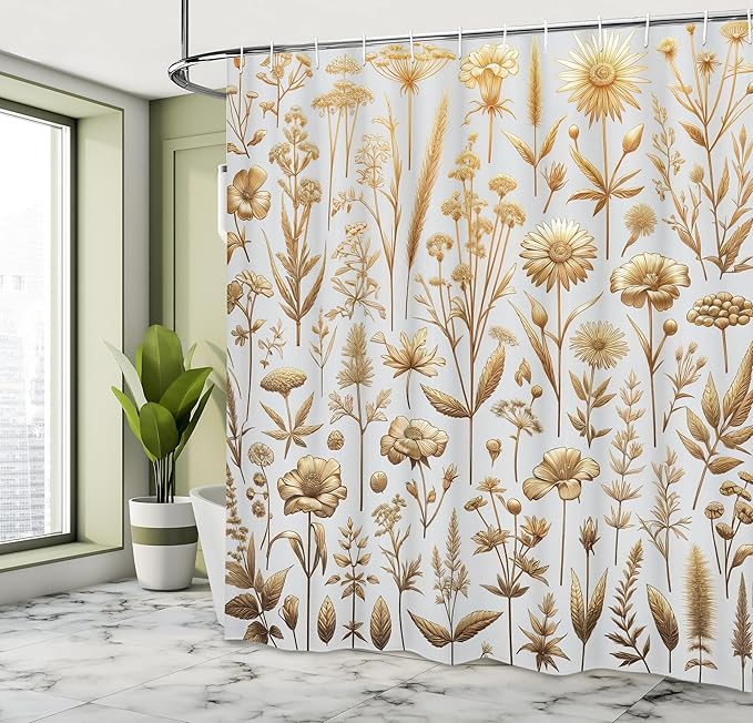 Ambesonne Vintage Shower Curtain, Composition of Nostalgic Tone Wildflowers and Leaves Medieval Art Witchy, Cloth Fabric Bathroom Decor Set with Hooks, 69" W x 84" L, Dark Khaki Pale Grey