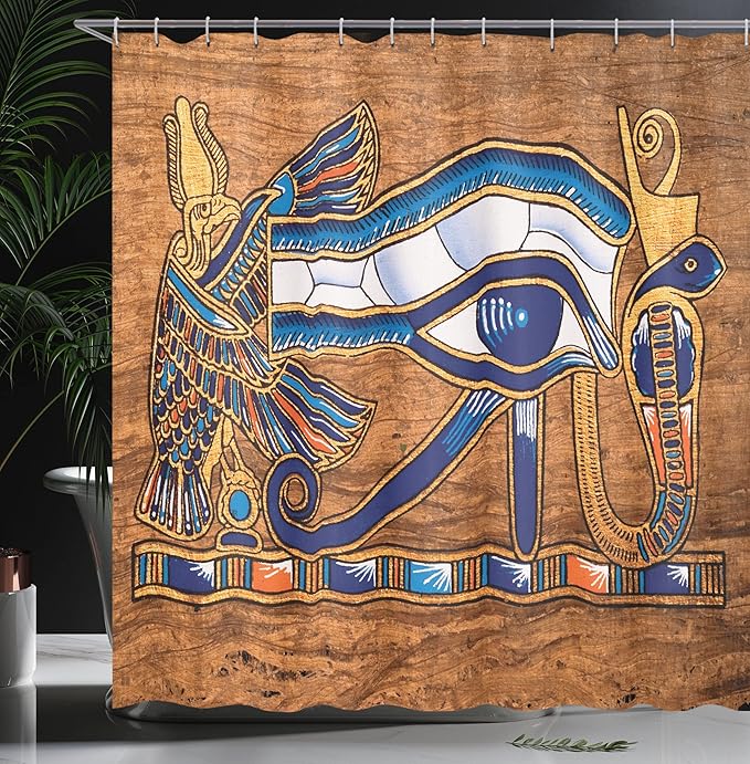 Ambesonne Egyptian Print Shower Curtain, Egyptian Art Papyrus Depicting Eye Mosaic Style Design, Cloth Fabric Bathroom Decor Set with Hooks, 69" W x 70" L, Navy Blue