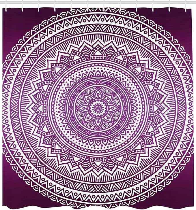 Ambesonne Purple Shower Curtain, Ombre Mandala Art Print Vibrant Floral Pattern Boho Hippie Inspired Design, Cloth Fabric Bathroom Decor Set with Hooks, 69" W x 75" L, Purple and White
