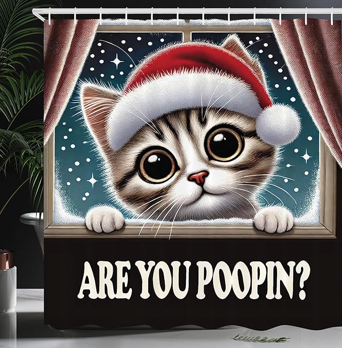 Ambesonne Christmas Shower Curtain, Funny Kitten with Santa Hat Asking are You Pooping Snowing Window, Cloth Fabric Bathroom Decor Set with Hooks, 69" W x 75" L, Red Pale Sepia and Teal