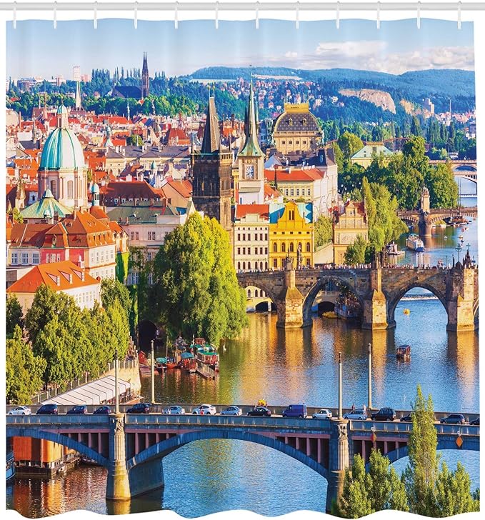 Ambesonne Scenery Shower Curtain, Scenic Summer Old Town Charles Bridge Over Vltava River in Prague Czech Republic, Cloth Fabric Bathroom Decor Set with Hooks, 69" W x 84" L, Multicolor