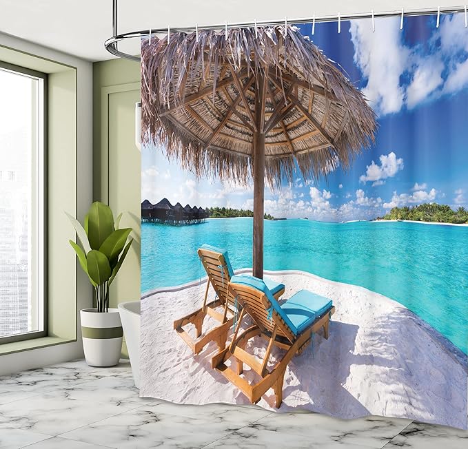 Ambesonne Beach Shower Curtain, Maldives Scenic Seaside View Sunbeds Under Umbrella Romantic Honeymoon Theme, Cloth Fabric Bathroom Decor Set with Hooks, 69" W x 70" L, Brown White