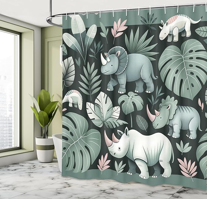 Ambesonne Woodland Shower Curtain, Funny Cartoon Design Exotic Jungle Monstera Leaves Horned Animals Print, Cloth Fabric Bathroom Decor Set with Hooks, 69" W x 70" L, Laurel Green Blush