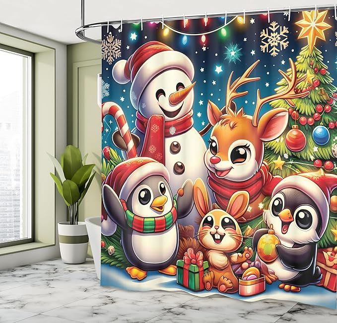 Ambesonne Christmas Shower Curtain, Colorful Winter Happiness Theme Cartoon Deer Penguin Rabbit and Snowman, Cloth Fabric Bathroom Decor Set with Hooks, 69" W x 75" L, Green Red Multicolor