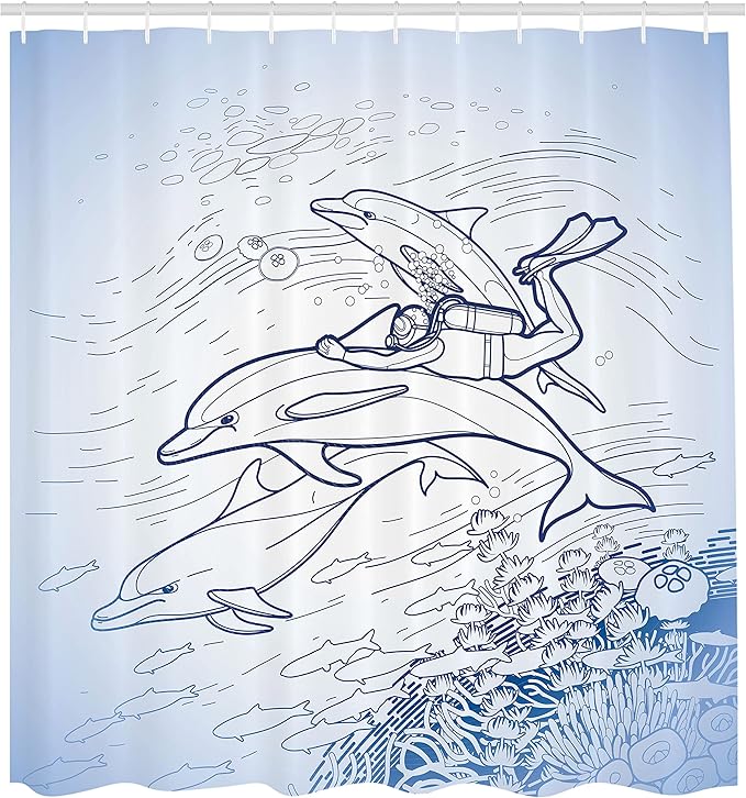 Ambesonne Sea Animals Shower Curtain, Sketch of Scuba Diver Holding Fin of Dolphin Over Coral Reefs Fish Underwater, Cloth Fabric Bathroom Decor Set with Hooks, 69" W x 70" L, Blue Navy