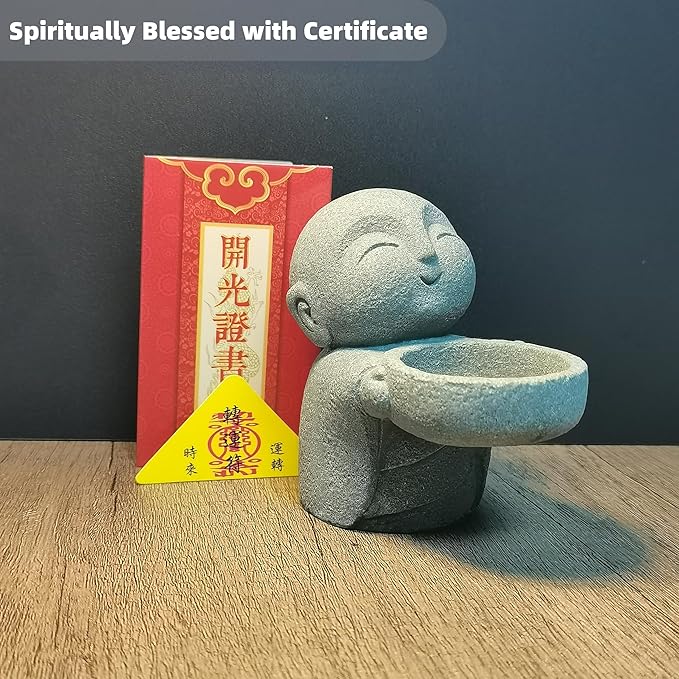 Cute Little Monk Statue Tea Light Holder, Sandstone Zen Buddhist Figurine for Candle Holder, Incense Burner, Meditation Decor, Feng Shui Home Accent, Consecrated with Amulet - 3.9 inch
