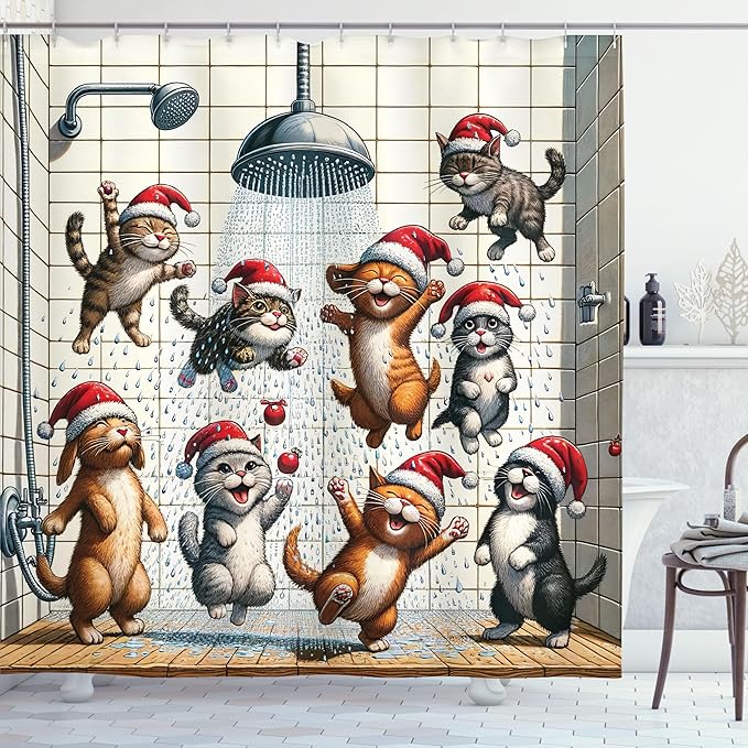 Ambesonne Christmas Shower Curtain, Happy and Cheery Cats Under The Shower Cartoon Kittens in Santa Hats, Cloth Fabric Bathroom Decor Set with Hooks, 69" W x 75" L, Orange Brown Dark Grey