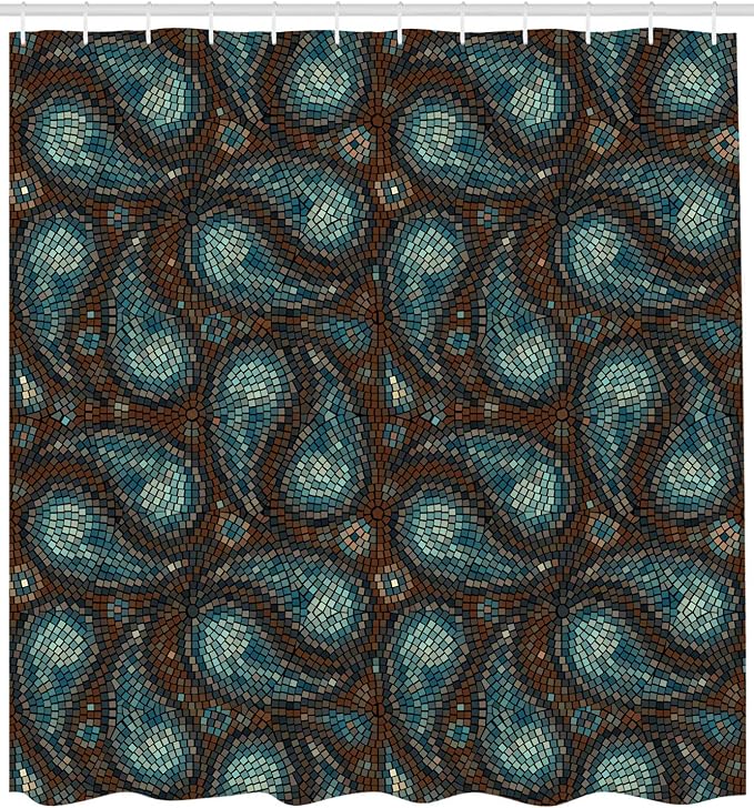Ambesonne Paisley Shower Curtain, Modern Mosaic Like Circled Design with Teardrop Shaped Art Print, Cloth Fabric Bathroom Decor Set with Hooks, 69" W x 84" L, Brown Blue and Dark Blue