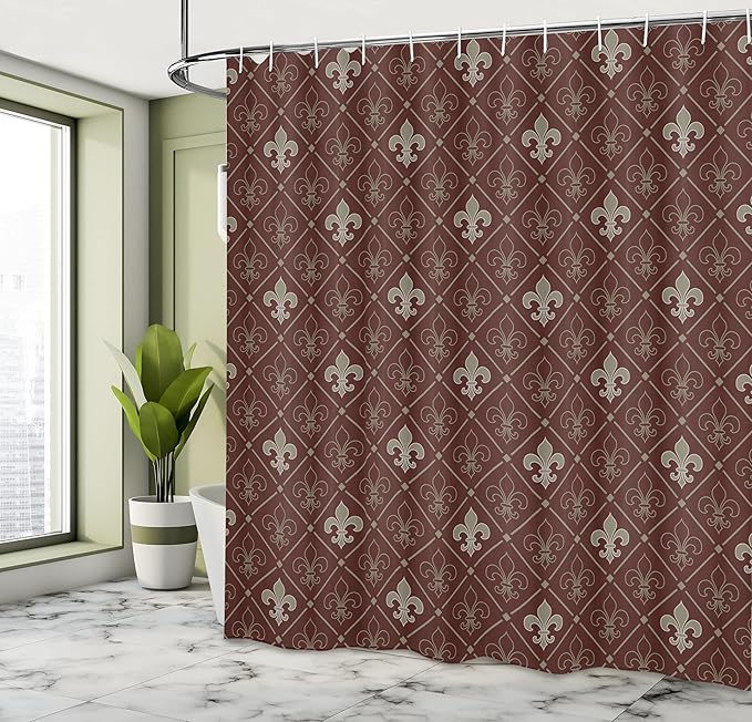 Ambesonne Fleur De Lis Shower Curtain, Fleur-de-Lis in Diamond Shape Lines Classical Cultural Victorian Style, Cloth Fabric Bathroom Decor Set with Hooks, 69" W x 84" L, Green Maroon