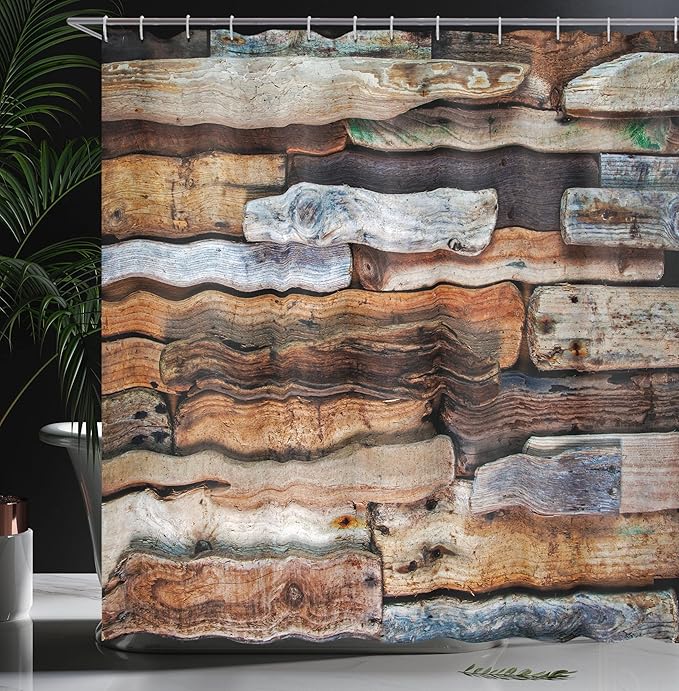 Ambesonne Driftwood Shower Curtain, Wooden Theme Driftwood and Knotty Planks in The Vintage Style Design Digital Image, Cloth Fabric Bathroom Decor Set with Hooks, 69" W x 75" L, Brown