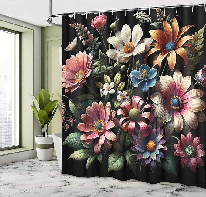 Ambesonne Boho Floral Shower Curtain, Romantic Night Theme Whimsical Flowers Arrangement on Black Background, Cloth Fabric Bathroom Decor Set with Hooks, 69" W x 84" L, Evergreen Pink Blue