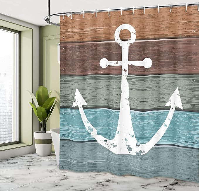Ambesonne Anchor Shower Curtain, Rustic Sea Nautical Illustration Marine Pattern on Grungy Ocean Wooden Planks, Cloth Fabric for Bathroom Themed Decor Sets with Hooks, 69" W x 84" L, Multicolor White