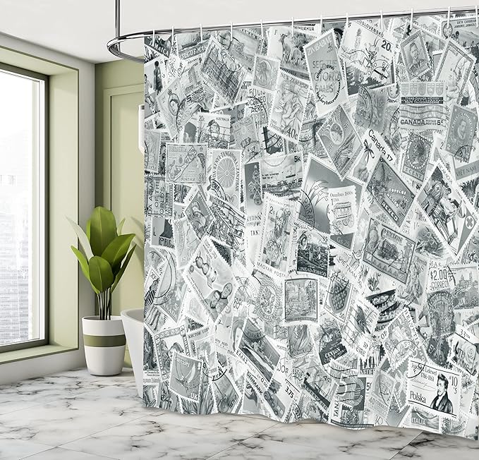 Ambesonne Modern Shower Curtain, Vintage Black and White Image of Large World Postage Stamps Travel Hobby Theme Artwork, Cloth Fabric Bathroom Decor Set with Hooks, 69" W x 70" L, Grey