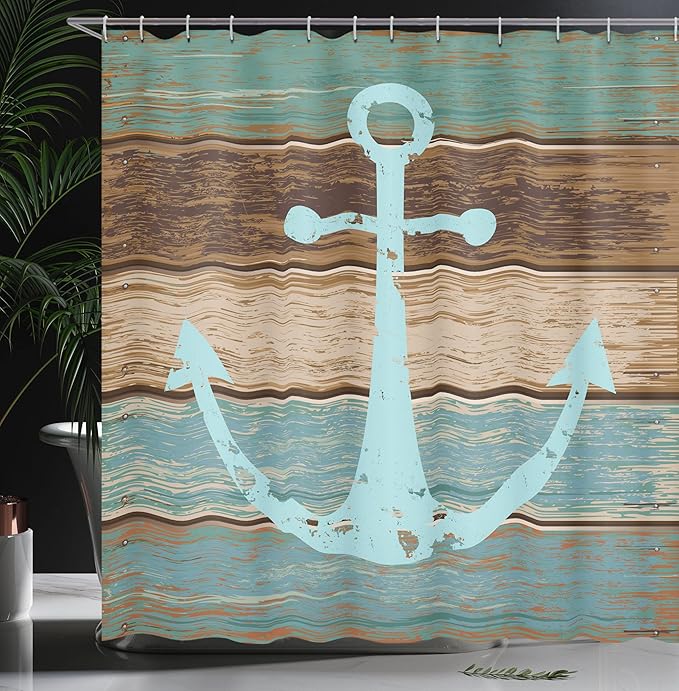 Ambesonne Anchor Shower Curtain, Timeworn Marine on Weathered Wooden Planks Rustic Nautical Theme, Cloth Fabric Bathroom Decor Set with Hooks, 69" W x 70" L, Teal Brown