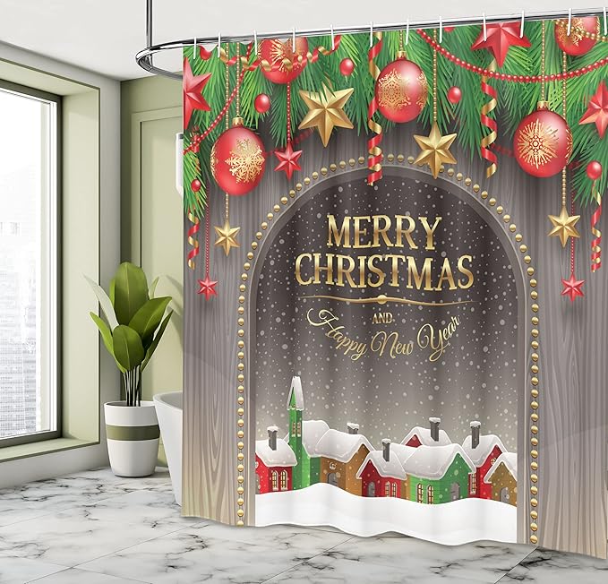 Ambesonne Christmas Shower Curtain, Classic Rustic Design Season Greetings Yellow Colored Letters Village Ornaments, Cloth Fabric Bathroom Decor Set with Hooks, 69" W x 70" L, Red Green
