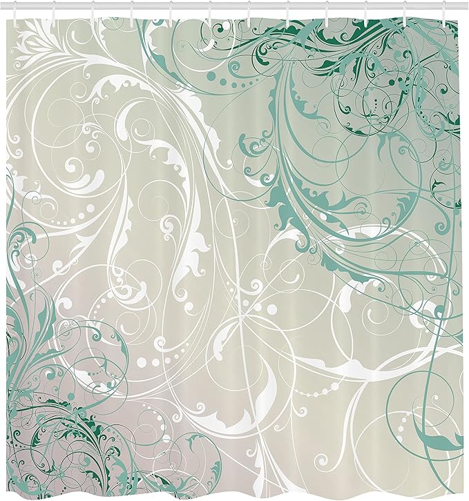 Ambesonne Floral Shower Curtain, Baroque Swirl Branches Curved Flower Leaves Shabby Form Nature Pattern, Cloth Fabric Bathroom Decor Set with Hooks, 69" W x 70" L, Coconut Seafoam