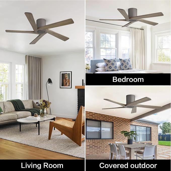 WINGBO 48 Inch Flush Mount DC Ceiling Fan without Lights, 5 Reversible Carved Wood Blades, 6-Speed Noiseless DC Motor, Hugger Ceiling Fan No Lights in Graphite Finish with Gray Blades, ETL Listed