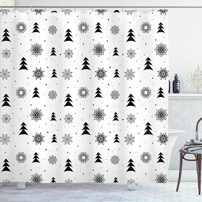 Ambesonne Nordic Shower Curtain, Christmas Pine Trees Snowflakes Noel Winter North Holiday Celebration Graphic Art, Cloth Fabric Bathroom Decor Set with Hooks, 69" W x 70" L, Black White