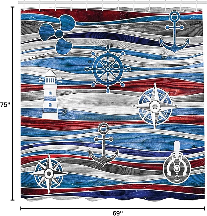 Ambesonne Anchor Shower Curtain, Shipping Boat Anchor Lighthouse Steering Wheel Compass on Waves Background, Cloth Fabric Bathroom Decor Set with Hooks, 69" W x 75" L, Grey Red