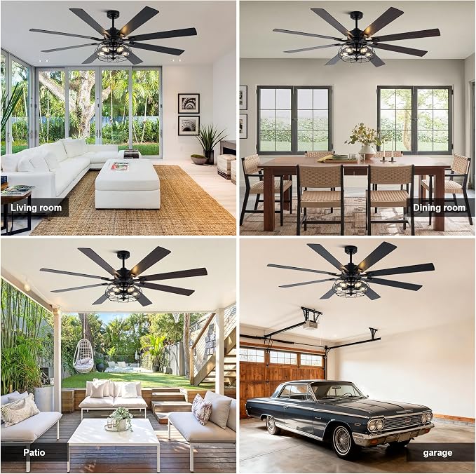 72" Farmhouse Ceiling Fan with Light Industrial Caged Ceiling Fan | Large Rustic Fandelier, Black Metal Chandelier Light for Living Room Covered Outdoor, 5 E26 Bulbs (Not Included), 6 Speeds