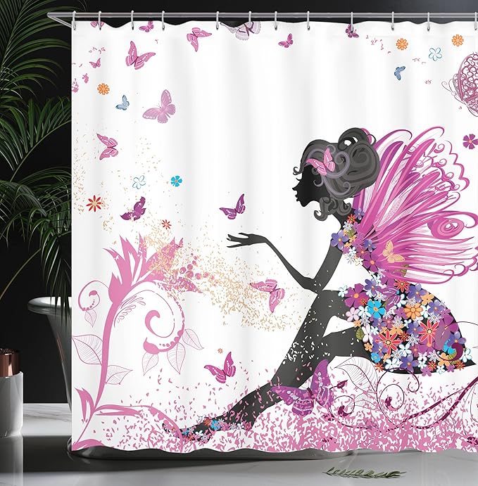 Ambesonne Fantasy Shower Curtain, Spring Girl Wings in a Floral Dress Surreal Garden Butterflies Print, Cloth Fabric Bathroom Decor Set with Hooks, 69" W x 70" L, Pastel Pink
