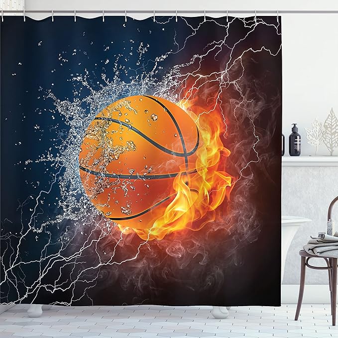 Ambesonne Sports Shower Curtain, Basketball Ball and Water Splashing Thunder Lightning Themed Design, Cloth Fabric Bathroom Decor Set with Hooks, 69" W x 70" L, Dark Blue and Burgundy