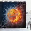 Ambesonne Sports Shower Curtain, Basketball Ball and Water Splashing Thunder Lightning Themed Design, Cloth Fabric Bathroom Decor Set with Hooks, 69" W x 84" L, Dark Blue and Burgundy