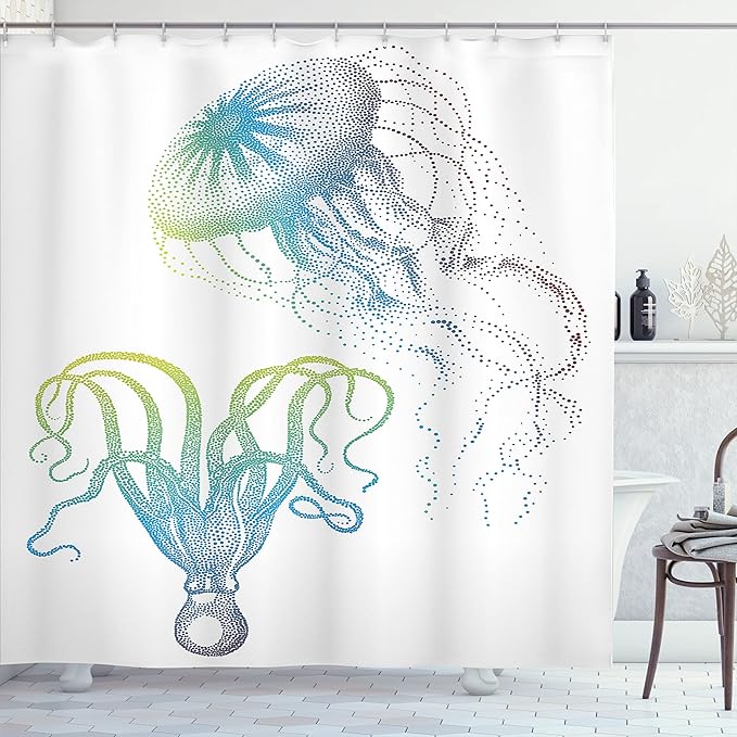 Ambesonne Octopus Shower Curtain, Octopus and Jellyfish Illustration Nautical Themed Art Underwater Wildlife Marine, Cloth Fabric Bathroom Decor Set with Hooks, 69" W x 70" L, Blue Eggshell
