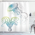 Ambesonne Octopus Shower Curtain, Octopus and Jellyfish Illustration Nautical Themed Art Underwater Wildlife Marine, Cloth Fabric Bathroom Decor Set with Hooks, 69" W x 70" L, Blue Eggshell