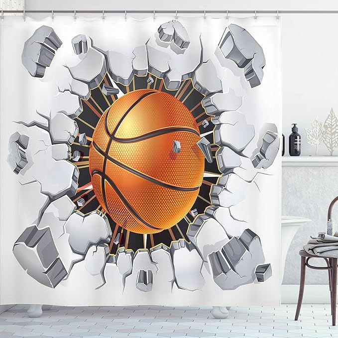 Ambesonne Sports Shower Curtain, Basketball and Old Plaster Concrete Wall Damage Breaking Sports League, Cloth Fabric Bathroom Decor Set with Hooks, 69" W x 84" L, Pale Grey Black Orange