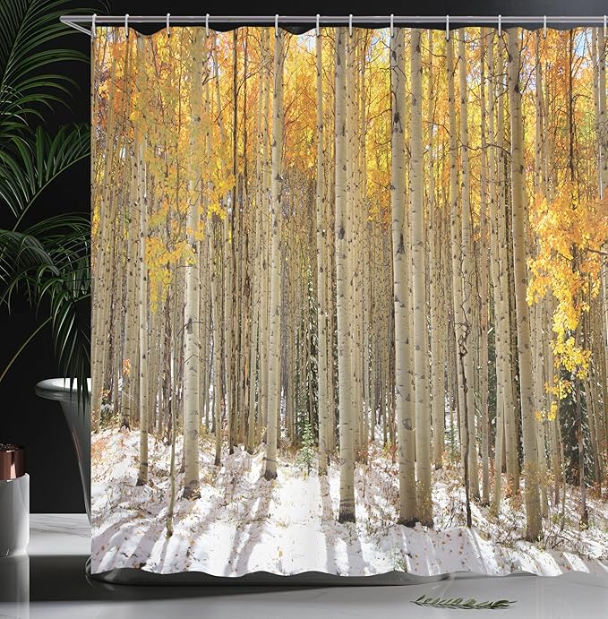 Ambesonne Forest Shower Curtain, Aspen Trees with Warm Leaves in Snow Forest in Early Winter Time Landscape, Cloth Fabric Bathroom Decor Set with Hooks, 69" W x 75" L, Orange White