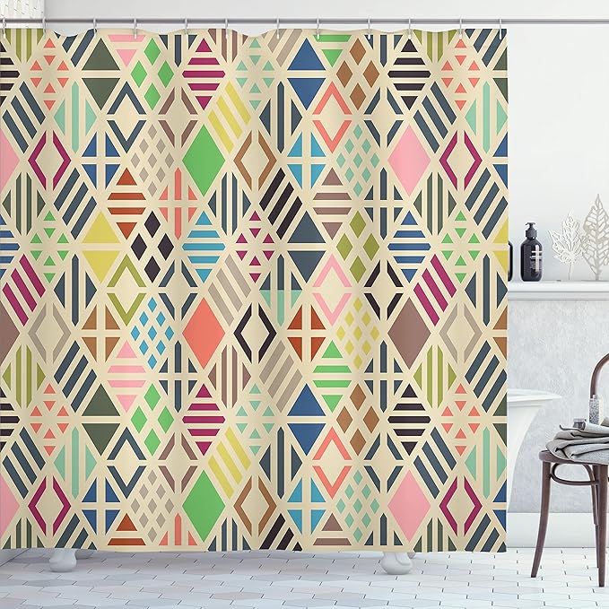 Ambesonne Geometric Shower Curtain, Vintage Rhombuses Rhomb Pattern Old Times Periodic Style Stripes Continuity Art, Cloth Fabric Bathroom Decor Set with Hooks, 69" W x 70" L, Magenta Blue