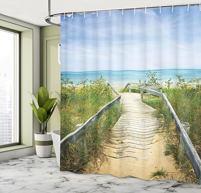 Ambesonne Seaside Shower Curtain, Boardwalk Over Dunes at Beach Pinery Provincial Park Ontario Canada, Cloth Fabric Bathroom Decor Set with Hooks, 69" W x 70" L, Brown Fern