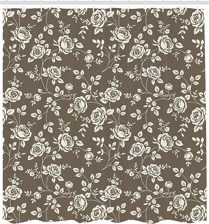 Ambesonne Rose Shower Curtain, Silhouette Pattern of Rose Branches Twig Ornamental Old Fashioned Antique Design, Cloth Fabric Bathroom Decor Set with Hooks, 69" W x 70" L, Dark Taupe White