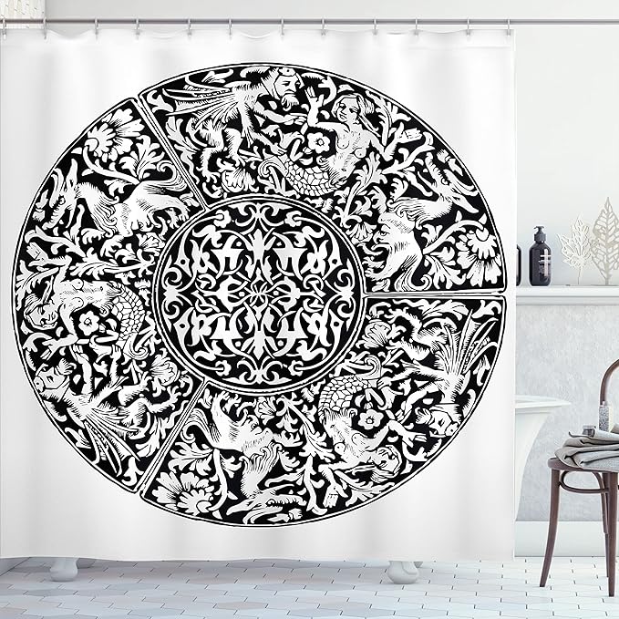 Ambesonne Gothic Shower Curtain, Renaissance Pattern Victorian Style Antique Mystical Gothic Medieval, Cloth Fabric Bathroom Decor Set with Hooks, 69" W X 70" L, Black and White