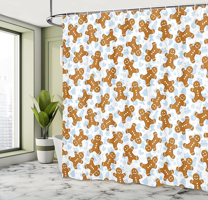 Ambesonne Gingerbread Man Shower Curtain, Traditional Christmas Cookie Pattern Tile, Cloth Fabric Bathroom Decor Set with Hooks, 69" W x 70" L, Light Caramel