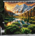 Ambesonne Lake Shower Curtain, Nature Morning Scenery Snowy Mountain Peaks Forest Bushes Water Reflections, Cloth Fabric Bathroom Decor Set with Hooks, 69" W x 70" L, Peach Green and Fawn
