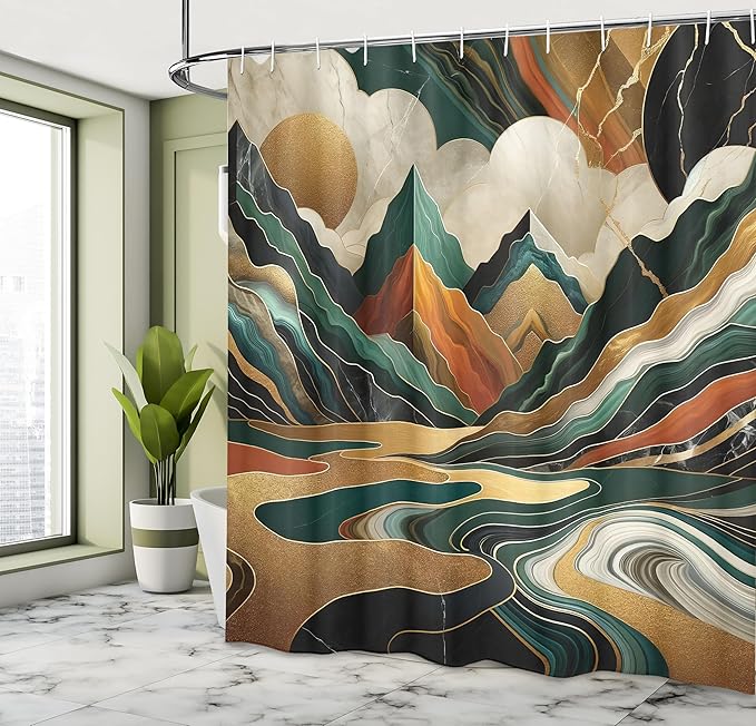 Ambesonne Mid Century Modern Shower Curtain, Groovy Bohemian Details Mountain Scene Cloudy Atmosphere, Cloth Fabric Bathroom Decor Set with Hooks, 69" W x 75" L, Teal Pale Vermilion Pearl