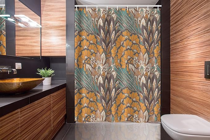 Ambesonne Floral Stall Shower Curtain, Pattern of Flowers and Peacock Feathers Floral Arrangement Art, Fabric Bathroom Decor Set with Hooks, 54" W x 78" L, Petrol Blue Pale Coffee
