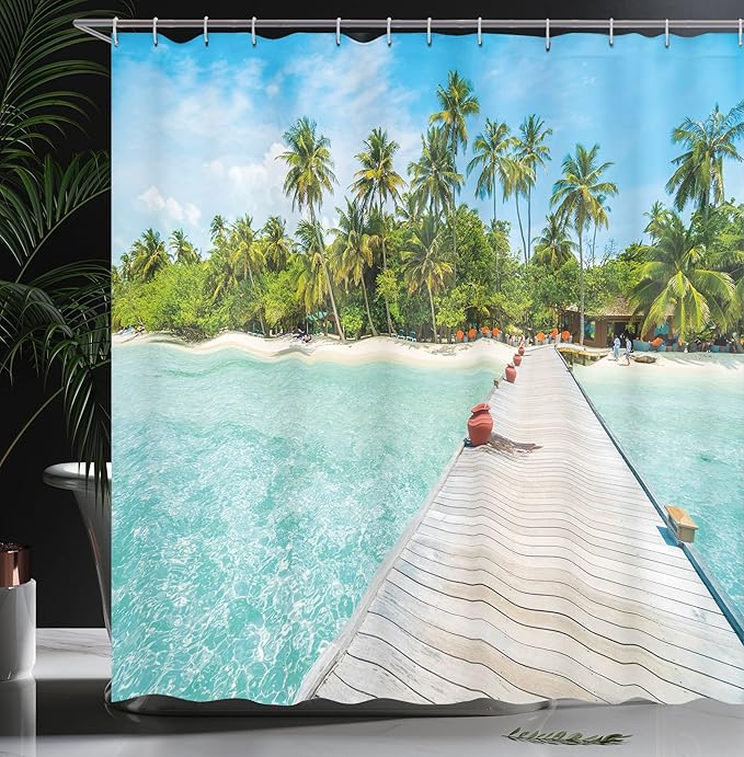 Ambesonne Tropical Shower Curtain, Maldives Island with Beach Wooden Deck Palms Exotic Holiday Picture, Cloth Fabric Bathroom Decor Set with Hooks, 69" W x 70" L, Fern Green
