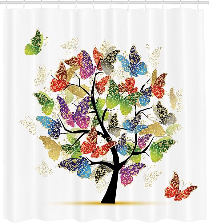 Ambesonne Tree of Life Shower Curtain, Shaded Animals Moth Tree Colored Wings Flying New Life Hope Theme Illustration, Cloth Fabric Bathroom Decor Set with Hooks, 69" W x 75" L, Pale Camel