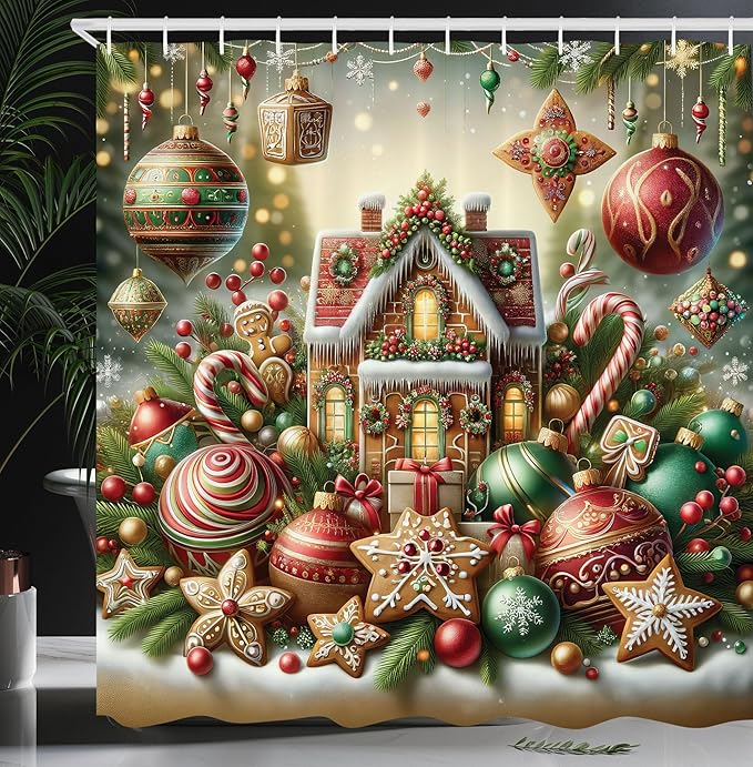 Ambesonne Christmas Shower Curtain, Gingerbread House with Jumble Xmas Ornaments with Snowy Details, Cloth Fabric Bathroom Decor Set with Hooks, 69" W x 75" L, Green Brown and Dark Pink
