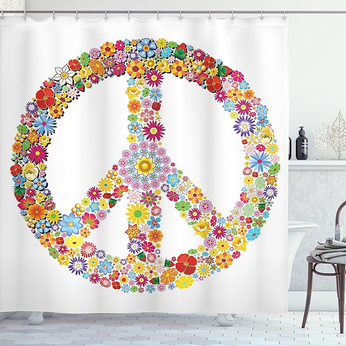 Ambesonne Groovy Shower Curtain, Floral Peace Sign Summer Spring Blooms Love Happiness Themed Illustration Print, Cloth Fabric Bathroom Decor Set with Hooks, 69" W x 84" L, White