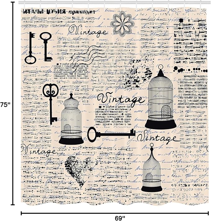 Ambesonne Old Newspaper Shower Curtain, Bird Cages Grunge Retro Pattern Keys Heart Shapes and Flower, Cloth Fabric Bathroom Decor Set with Hooks, 69" W x 75" L, Pale Blue Black Cream